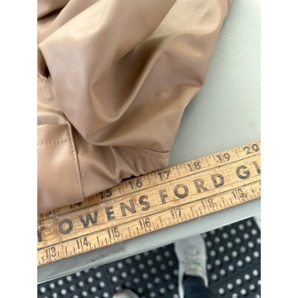 Aaron & Amber Leather Bow Tie Puff Sleeve Top Womens S Tan PU Blend Neutral NEW